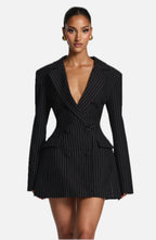 Women's Blazer Dress Double-Breasted with Pinstripe Print and Tailored Fit - 1