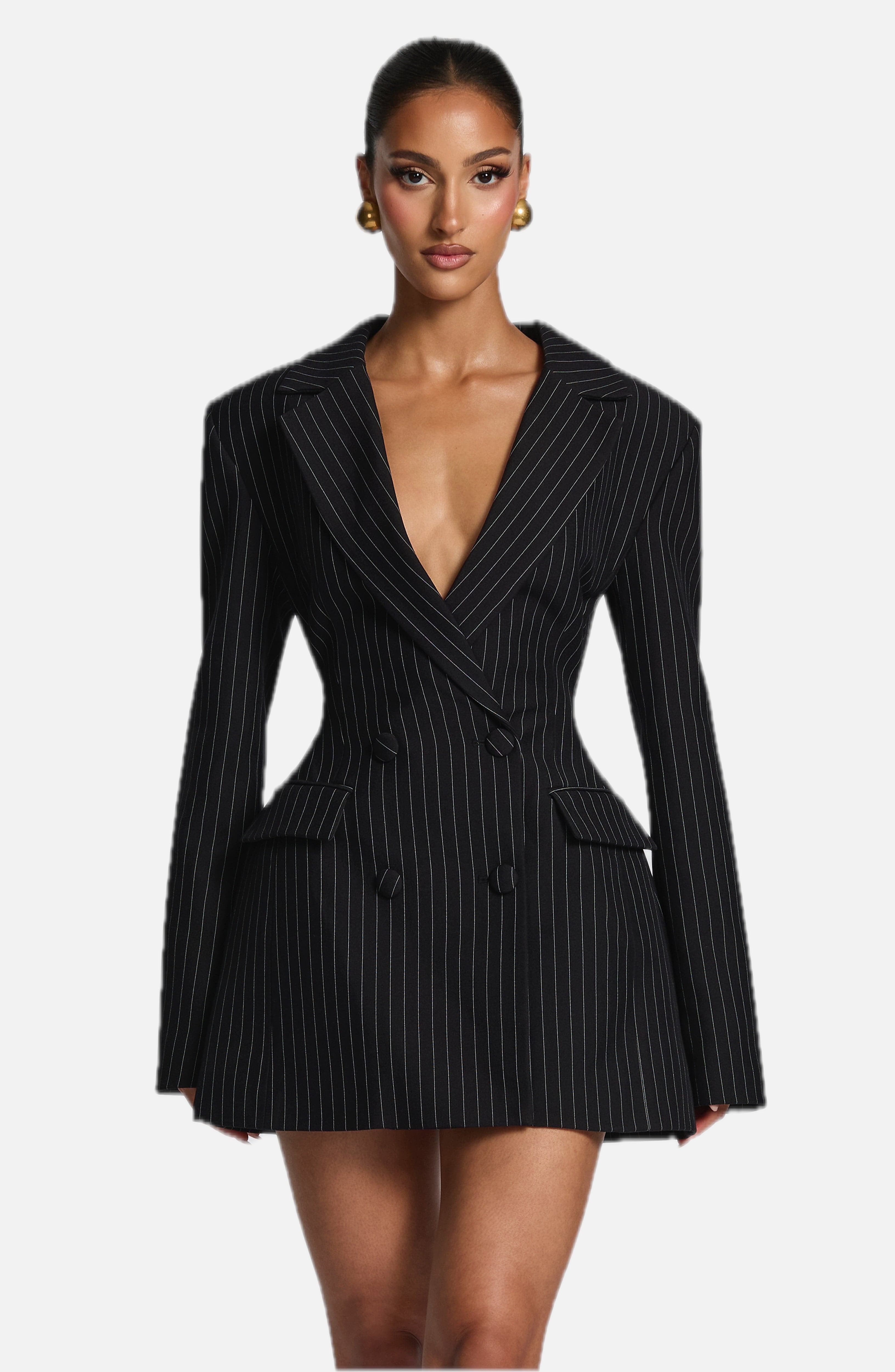 Women's Blazer Dress Double-Breasted with Pinstripe Print and Tailored Fit - 1