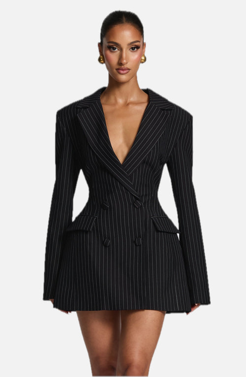 Women's Blazer Dress Double-Breasted with Pinstripe Print and Tailored Fit - 1