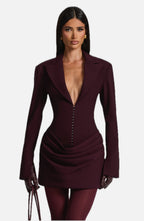 Women's Ruched Mini Dress with Plunging V-Neck and Long Sleeves