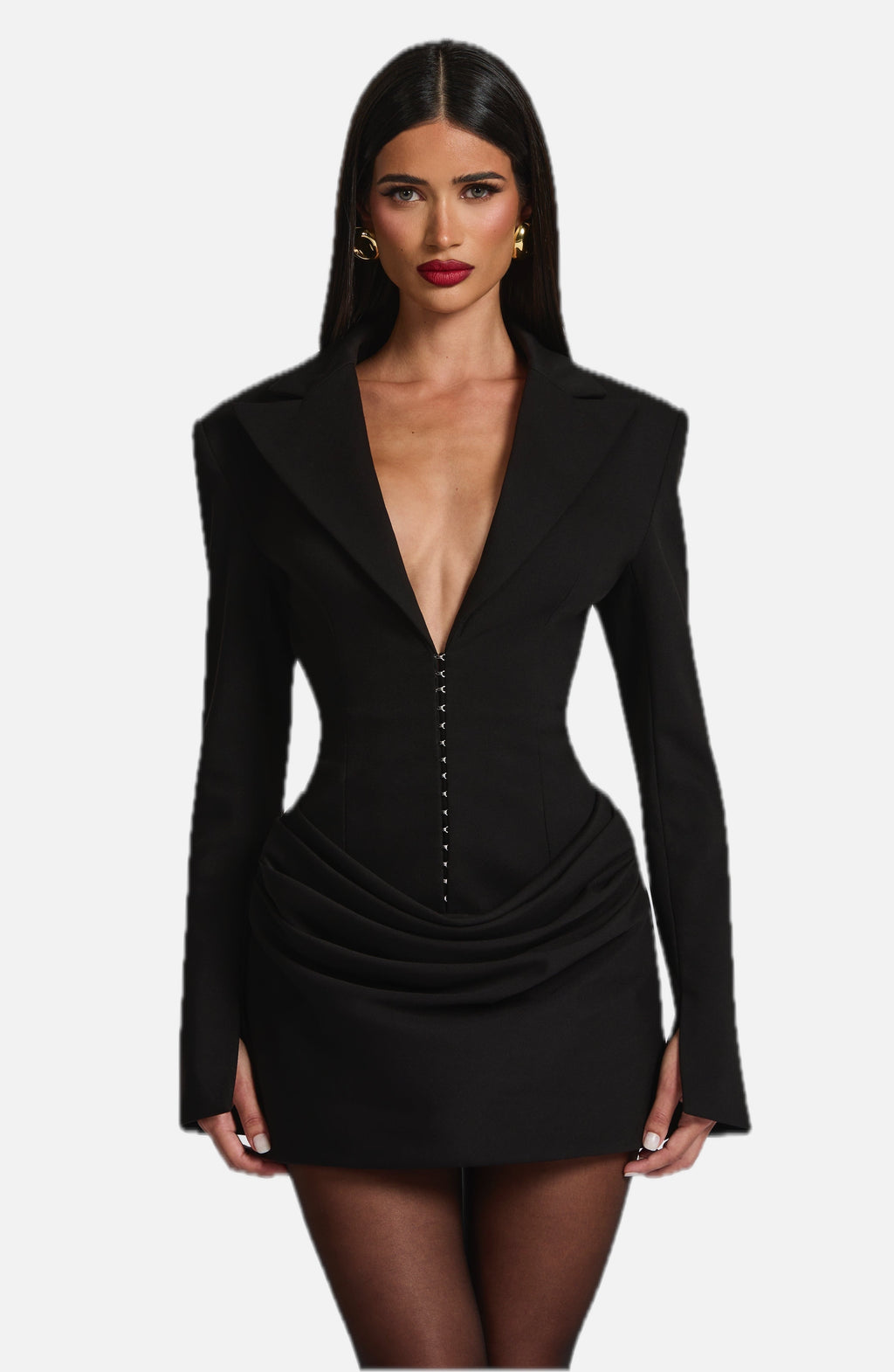 Women's Blazer Mini Dress with Deep V-Neck and Ruched Detail - 1