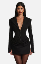 Women's Blazer Mini Dress with Deep V-Neck and Ruched Detail - 1