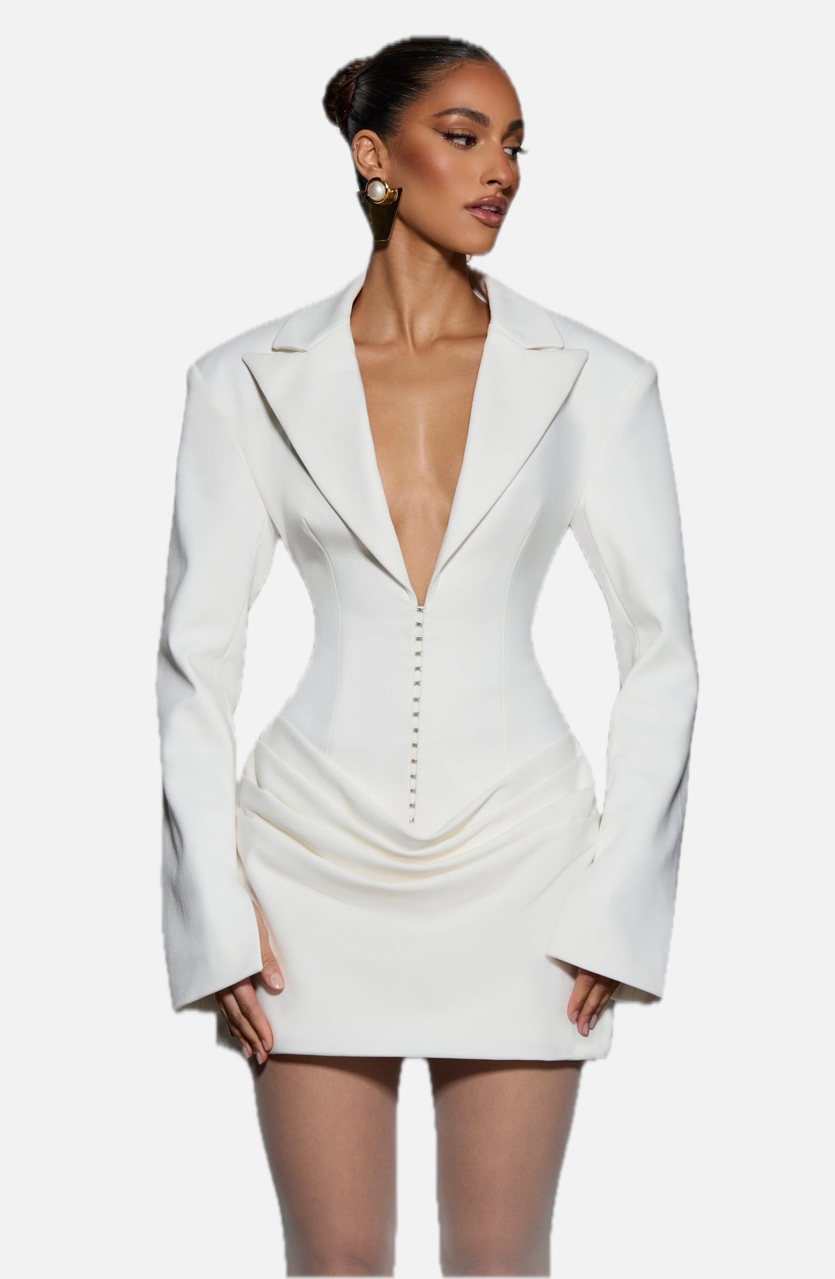 Women's Ruched Mini Dress with Deep V-Neck and Tailored Waist