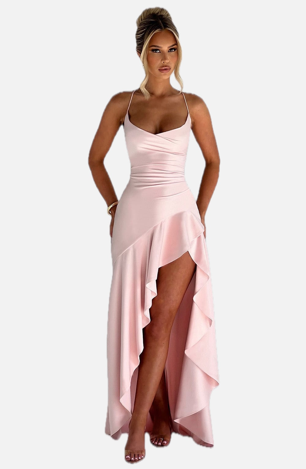 Women's Maxi Dress Sleeveless with Cowl Neck and Draped Ruffle Hem - 1