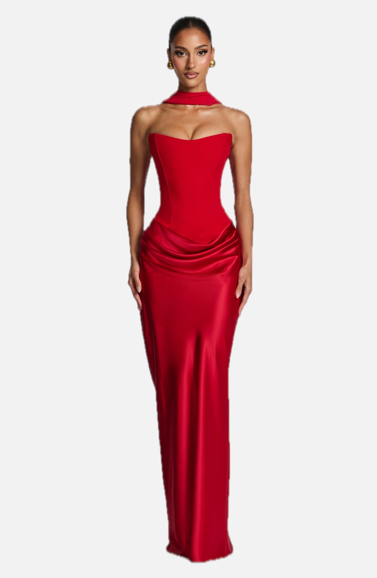 Women's Strapless Maxi Dress with Neck Tie Detail and Draped Skirt