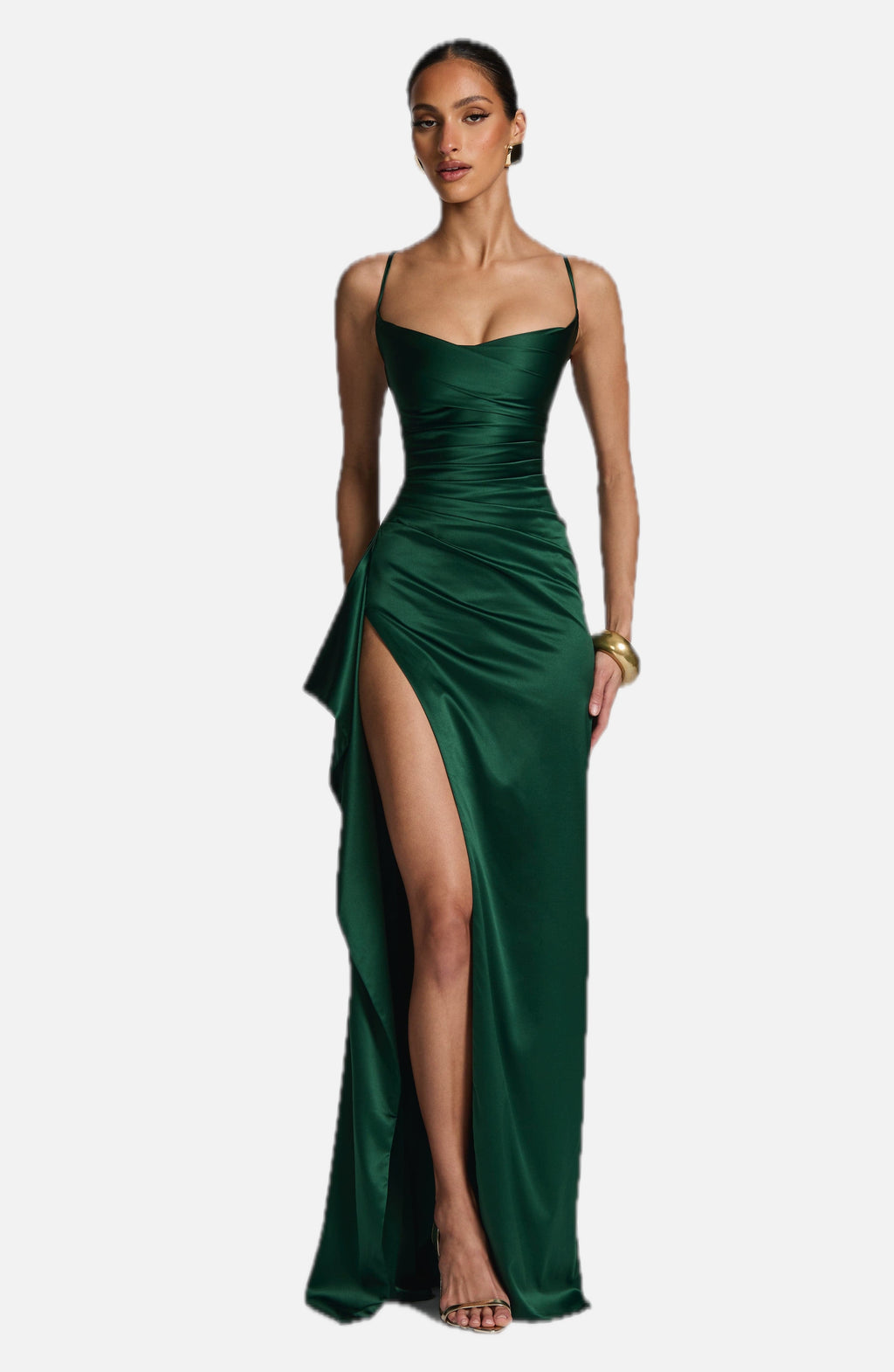 Women's Backless Maxi Dress with Ruched Bodice and Thigh Slit