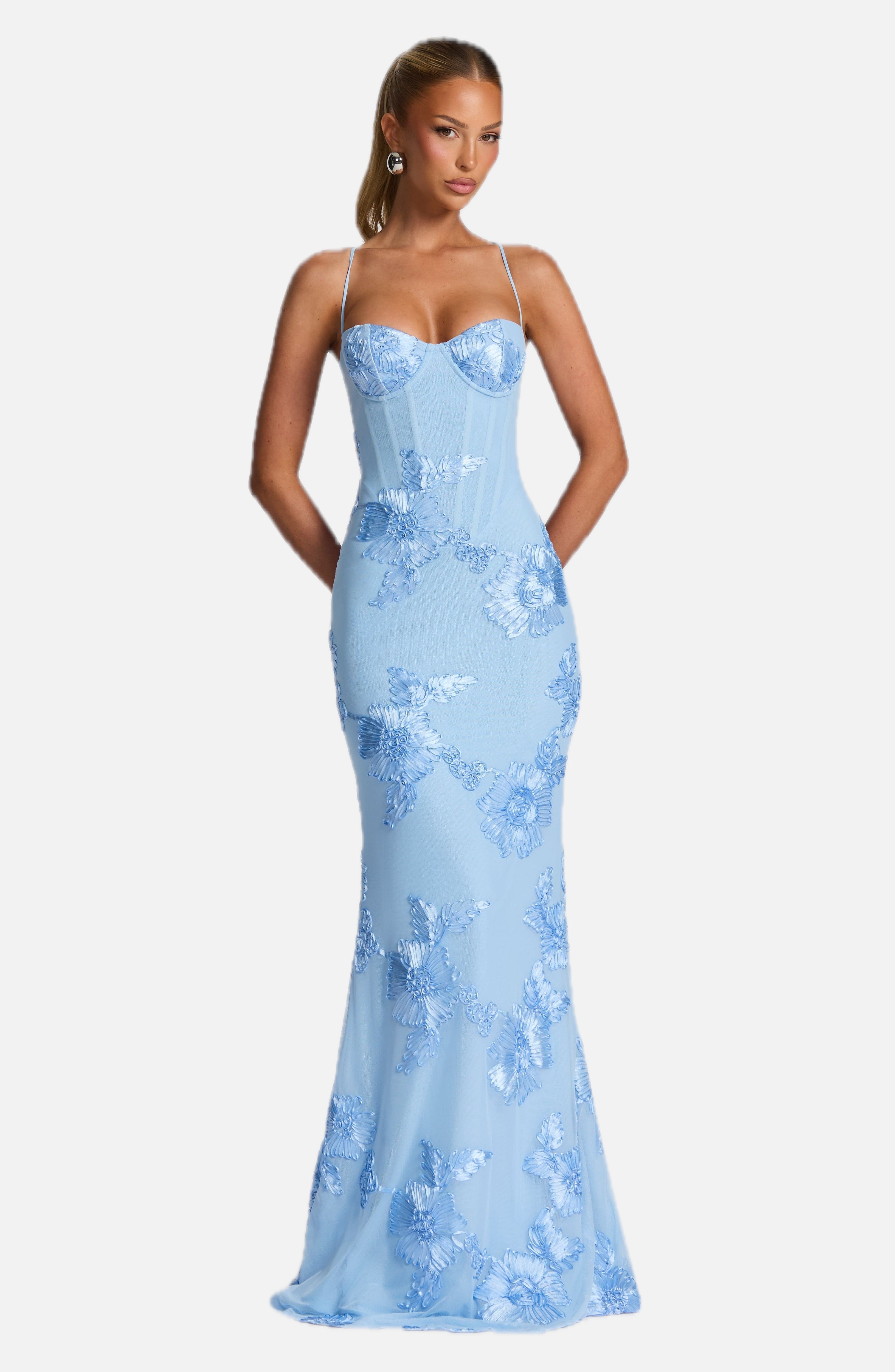 Women's Corset Maxi Dress with Floral Appliqué and Sweetheart Neckline - 1