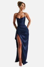 Women's Backless Maxi Dress with Cowl Neck and High Slit