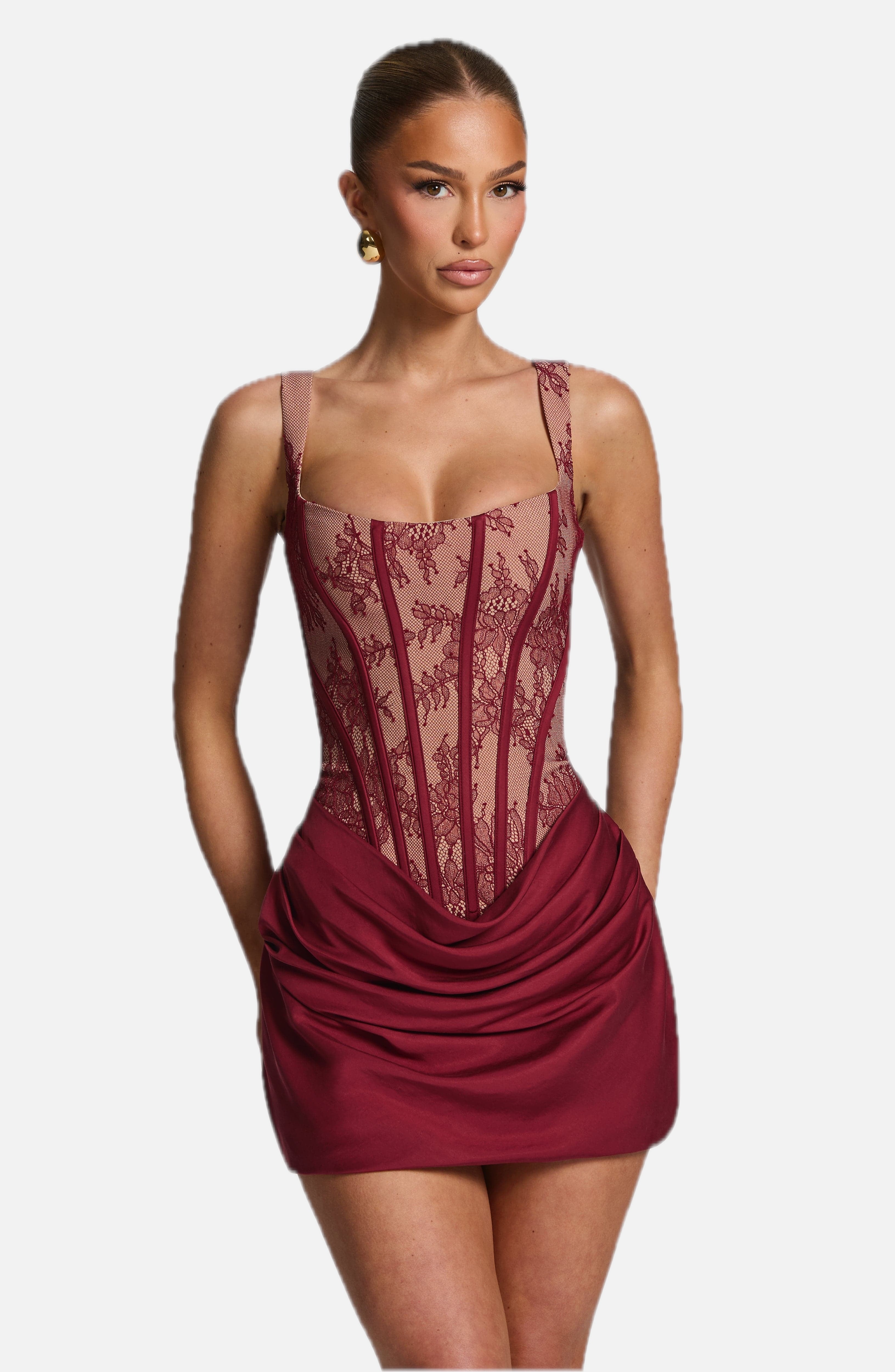 Women's Corset Mini Dress with Lace Bodice and Draped Skirt - 1