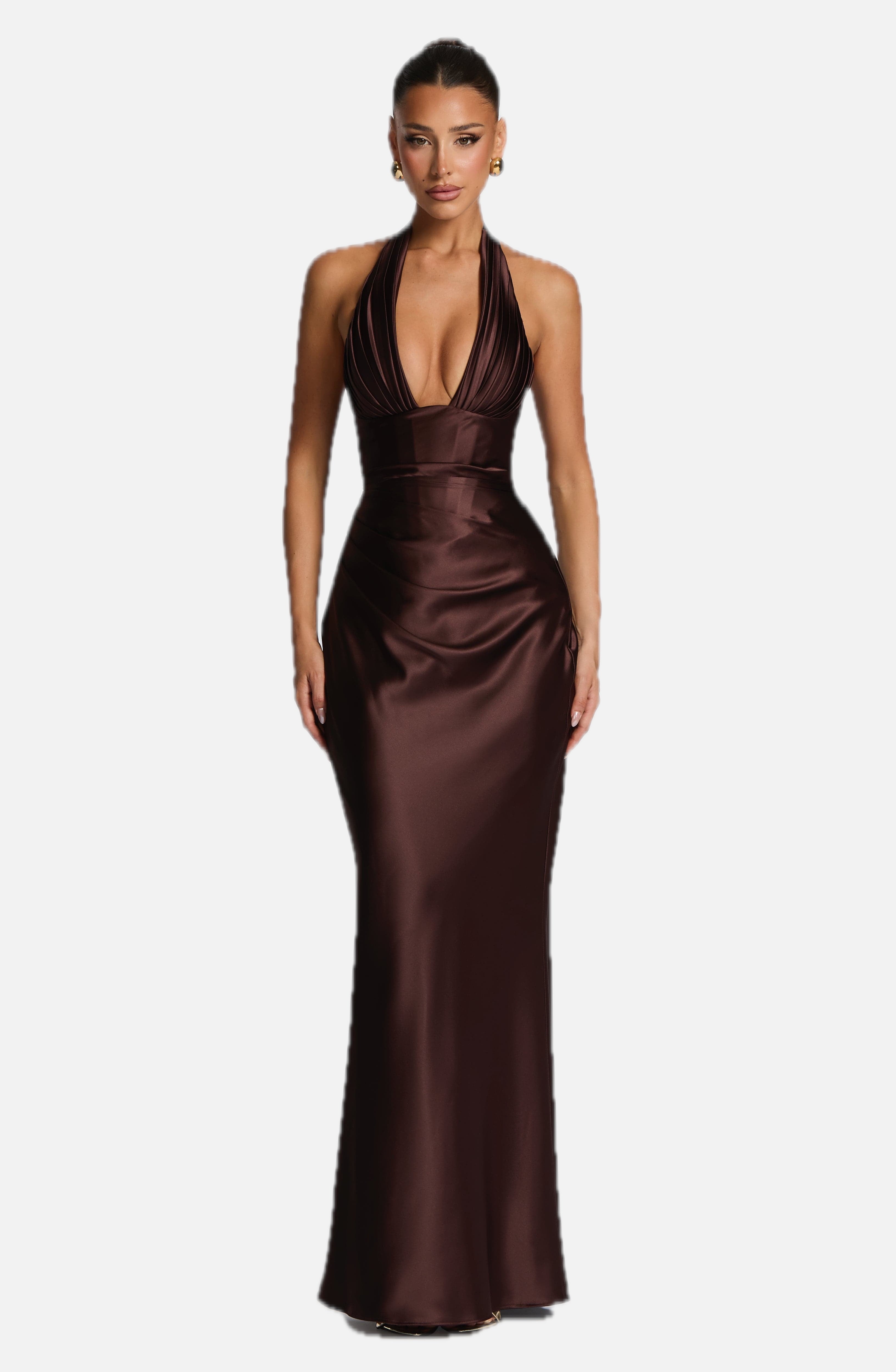 Women's Backless Maxi Dress with Halter Neck and Draped Satin Skirt