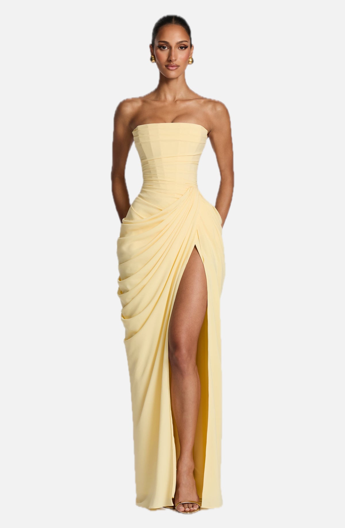 Women's Strapless Maxi Dress with Draped Front Slit and Column Silhouette