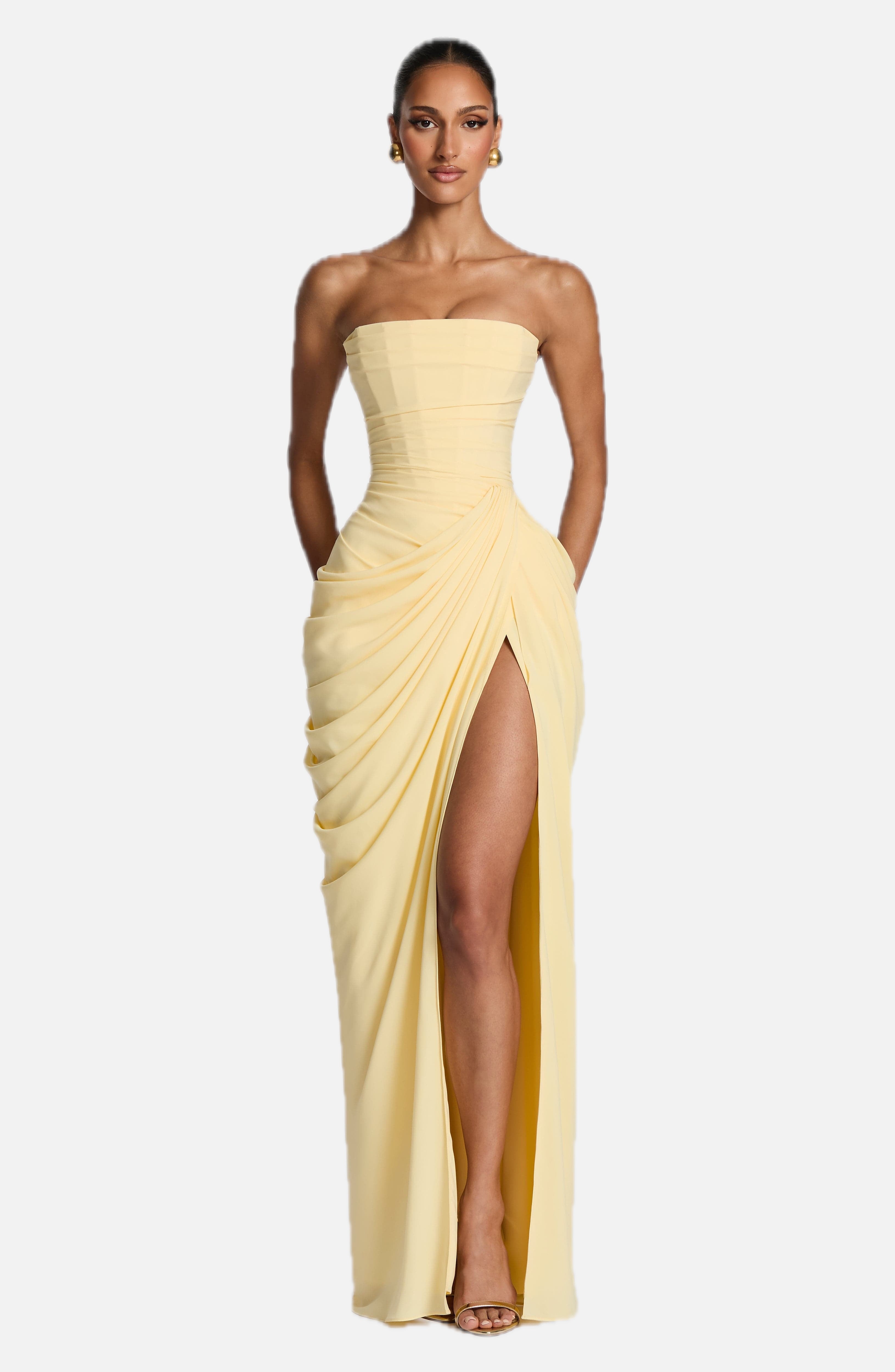 Women's Strapless Maxi Dress with Draped Front Slit and Column Silhouette