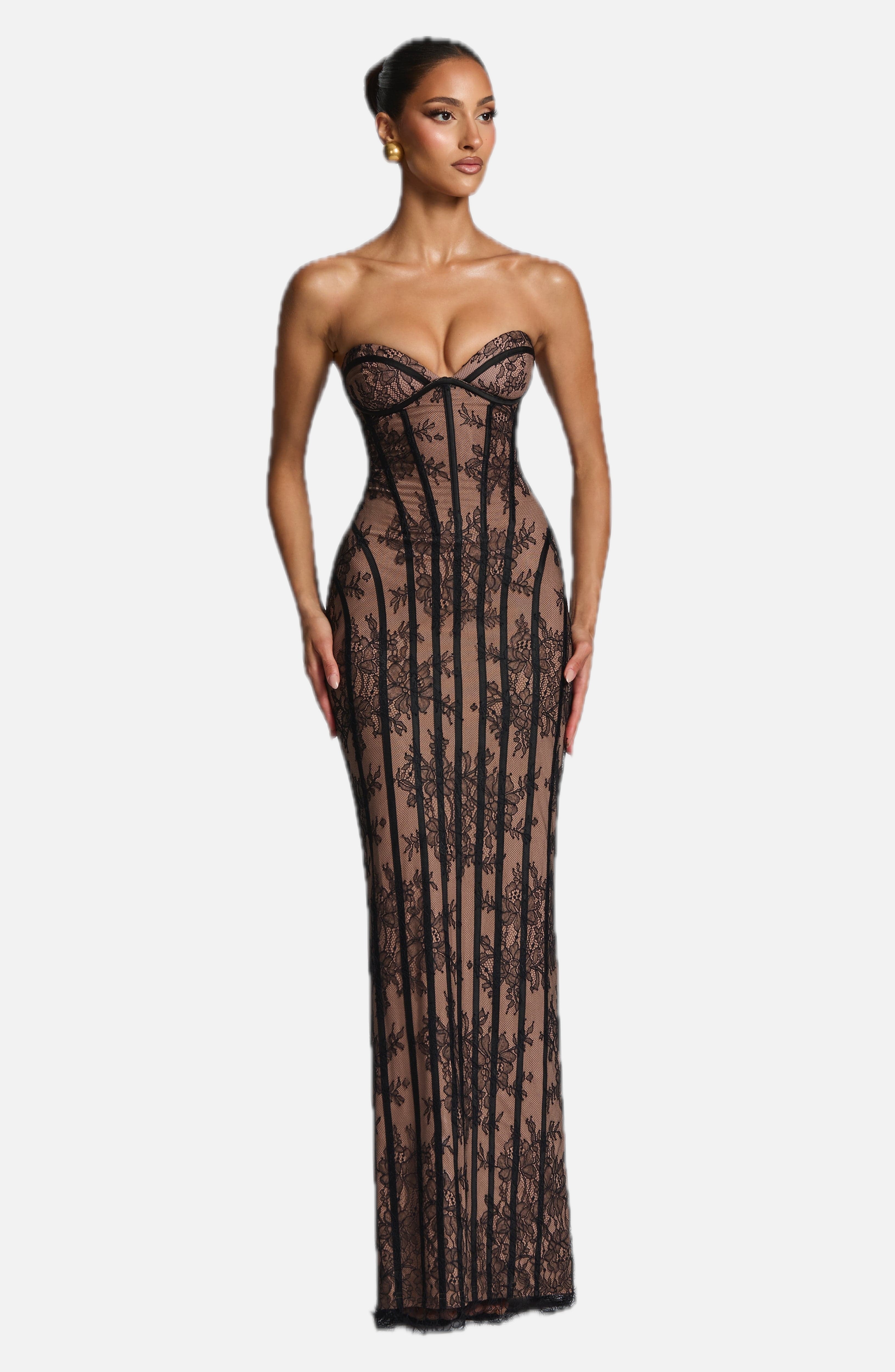 Women's Strapless Lace Corset Maxi Dress with Sweetheart Neckline