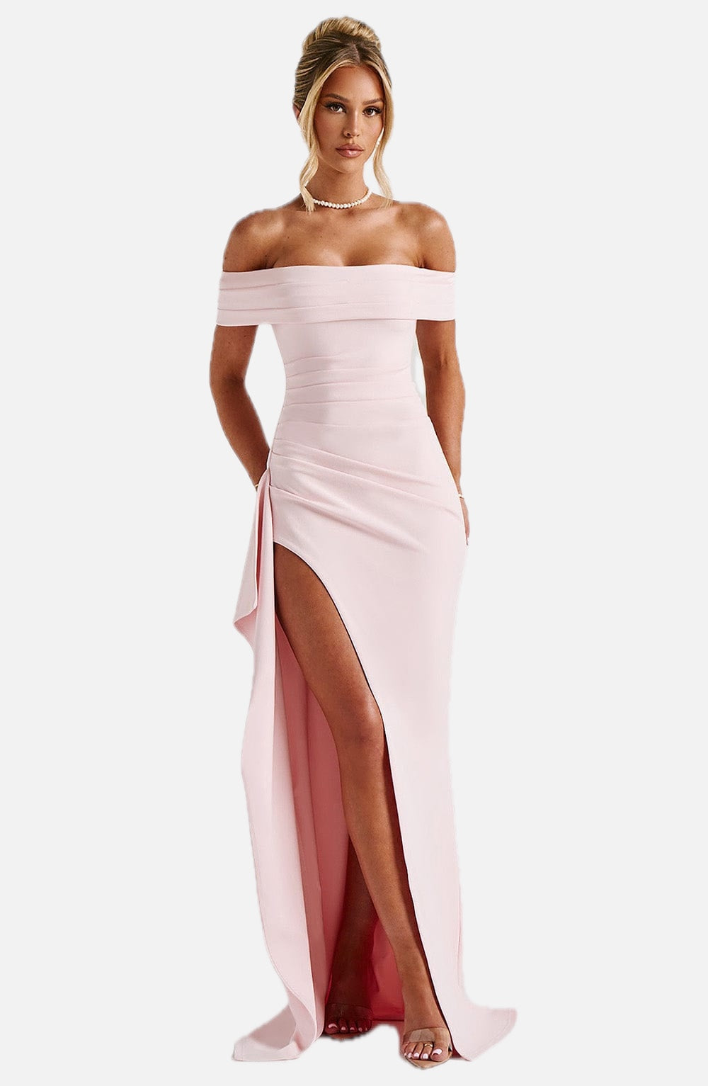 Women's Off-Shoulder Maxi Dress with Ruched Bodice and High Slit - 1