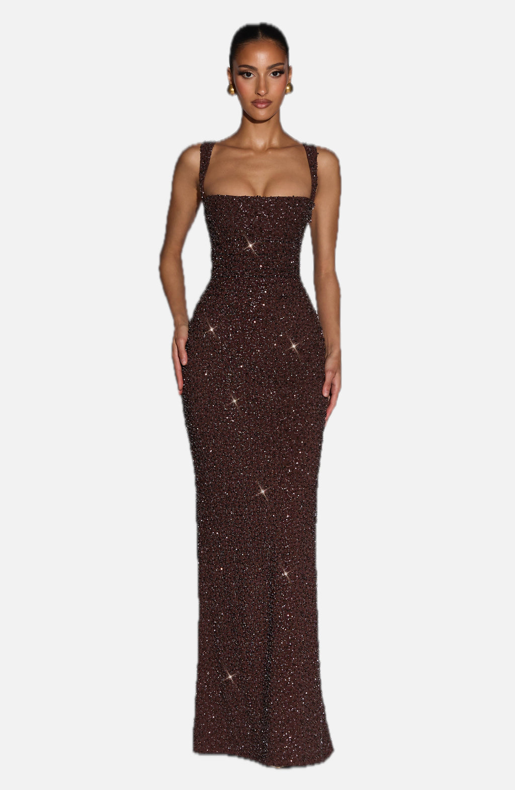 Women's Sleeveless Shimmer Maxi Dress with Square Neck and Sculpted Silhouette