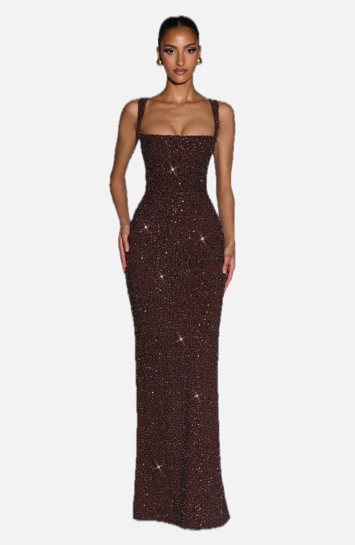 Women's Sleeveless Shimmer Maxi Dress with Square Neck and Sculpted Silhouette