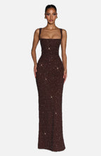 Women's Sleeveless Shimmer Maxi Dress with Square Neck and Sculpted Silhouette
