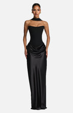 Women's Strapless Maxi Dress with Knot Neckline and Draped Satin Skirt - 1