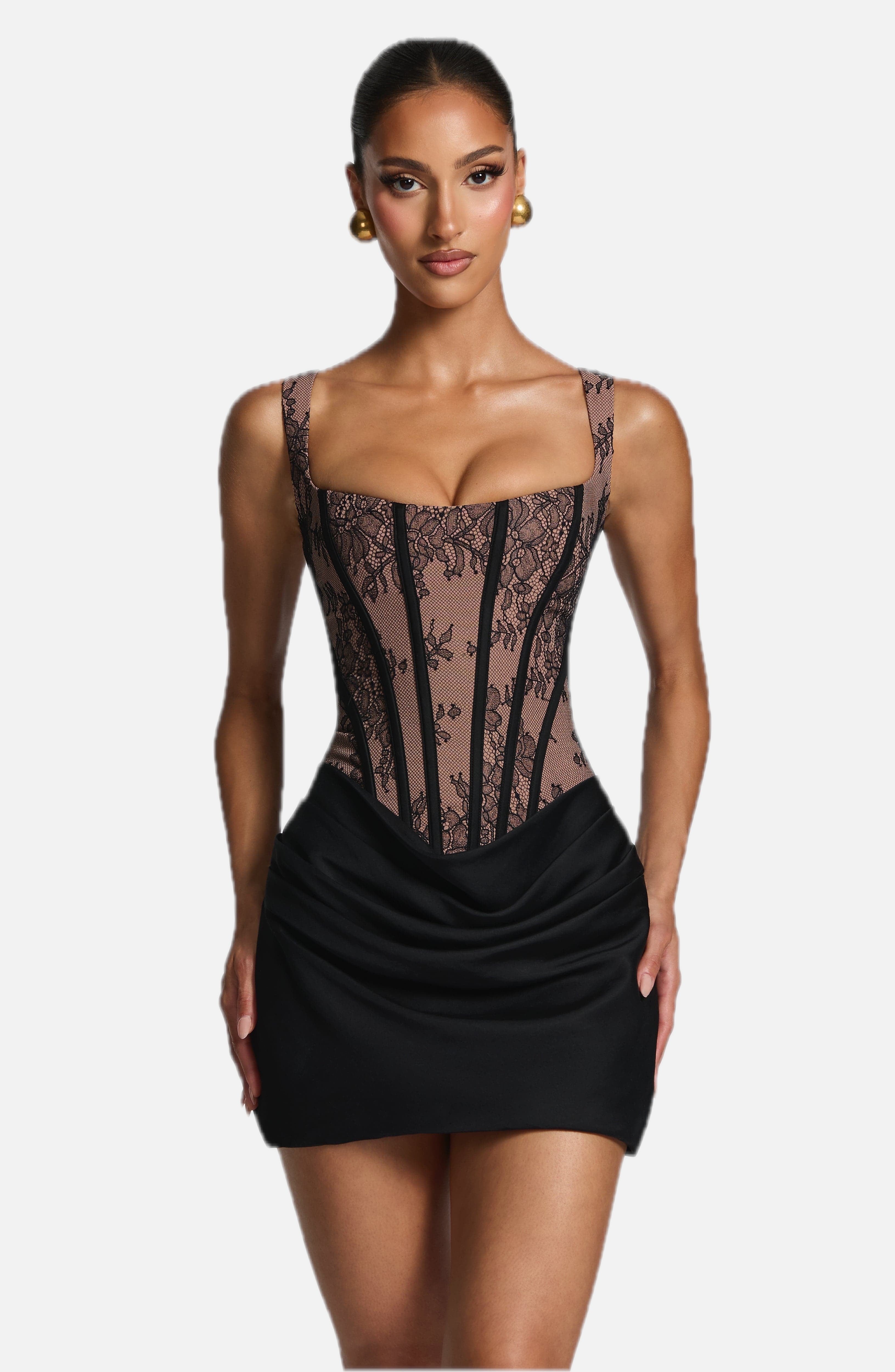 Women's Lace Corset Mini Dress with Boning and Square Neckline - 1