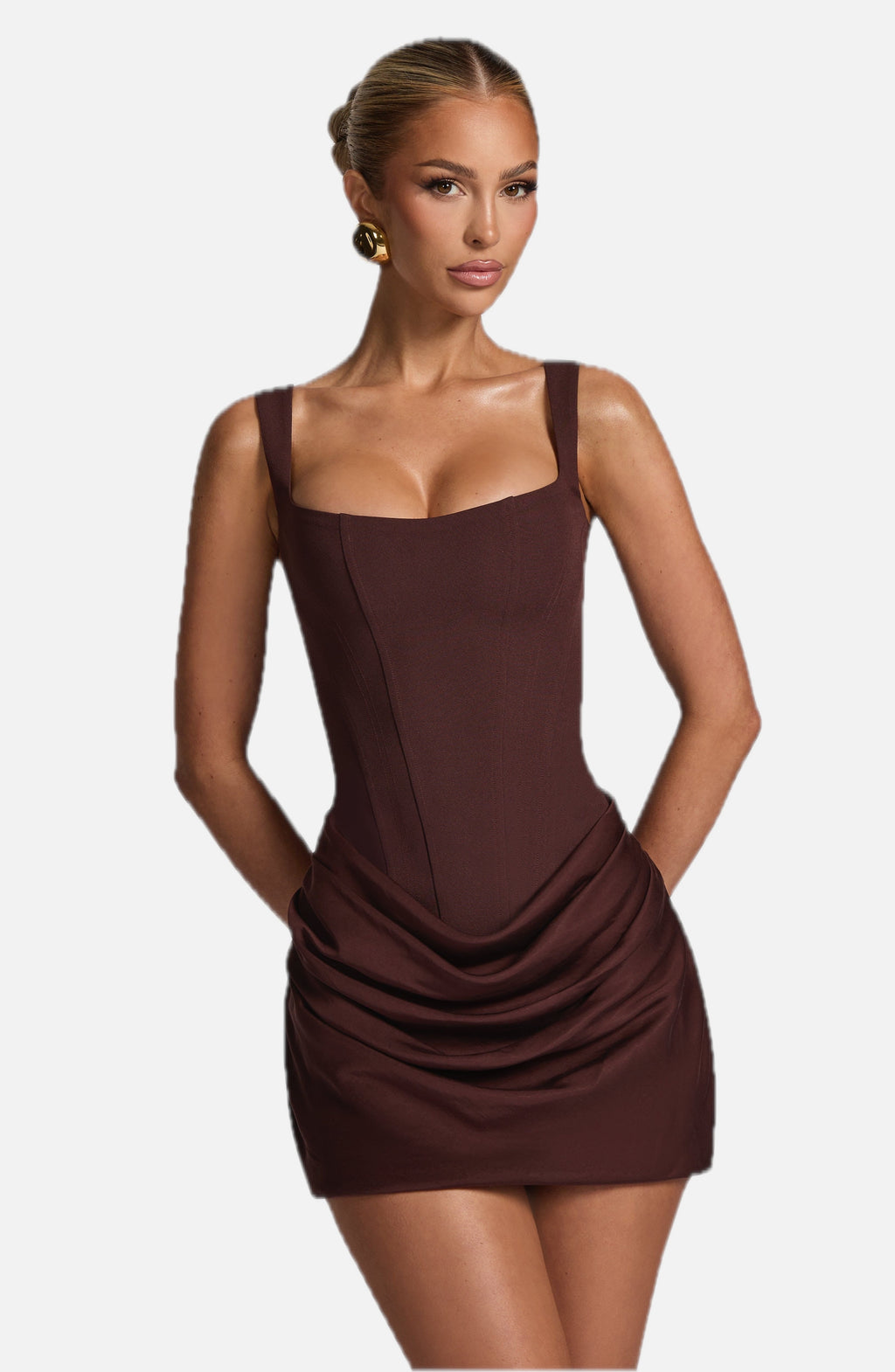 Women's Corset Mini Dress with Draped Skirt and Square Neck
