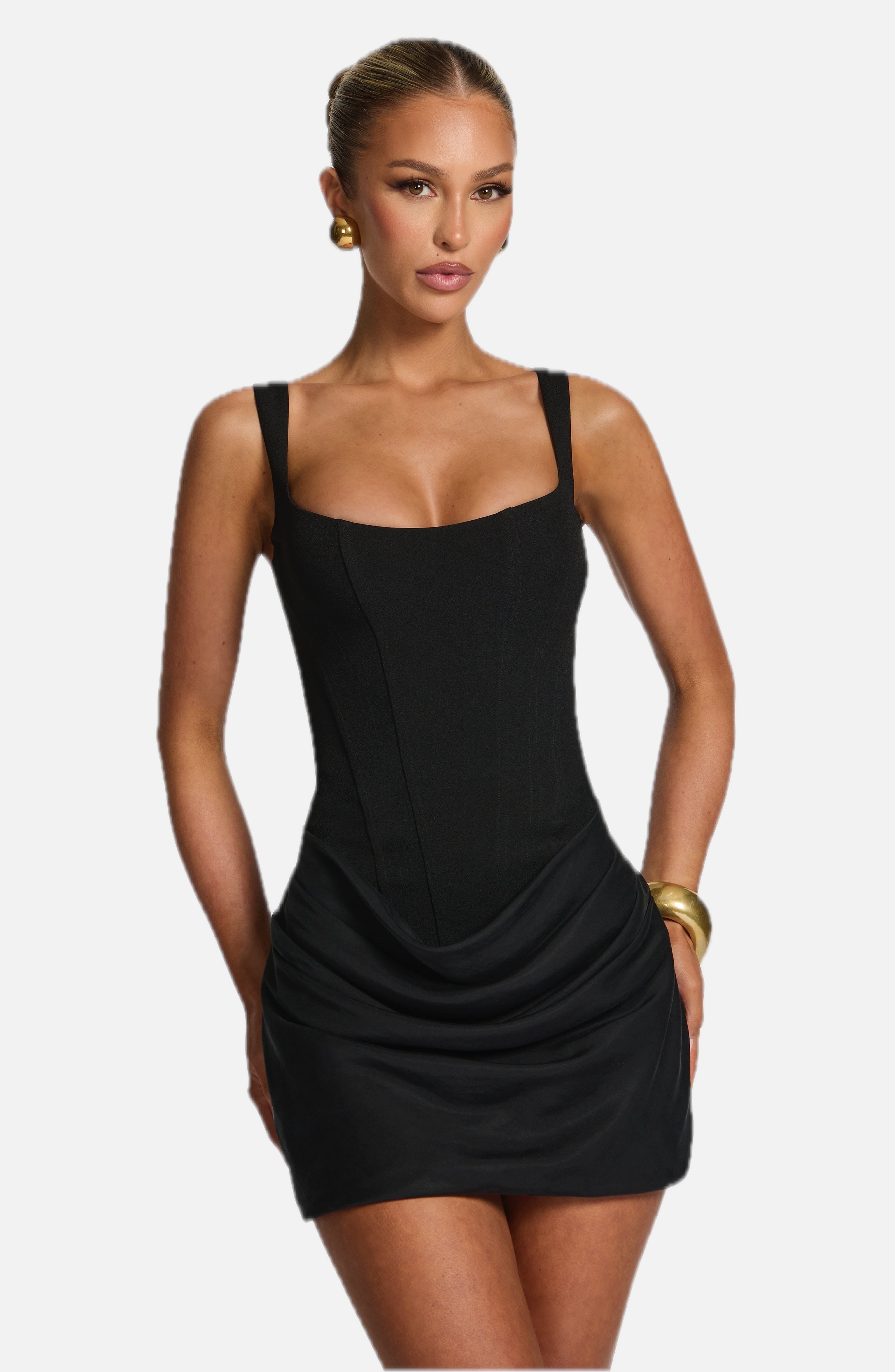 Women's Corset Mini Dress with Draped Skirt and Square Neck - 1