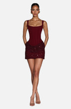 Women's Structured Mini Dress with Bell Sleeves and Sequin Skirt - 1
