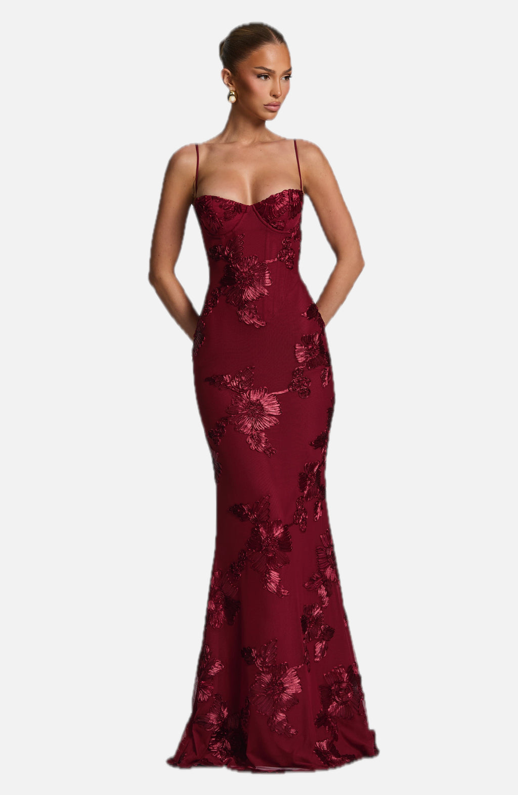 Women's Maxi Evening Gown with Floral Applique and Fitted Silhouette - 1