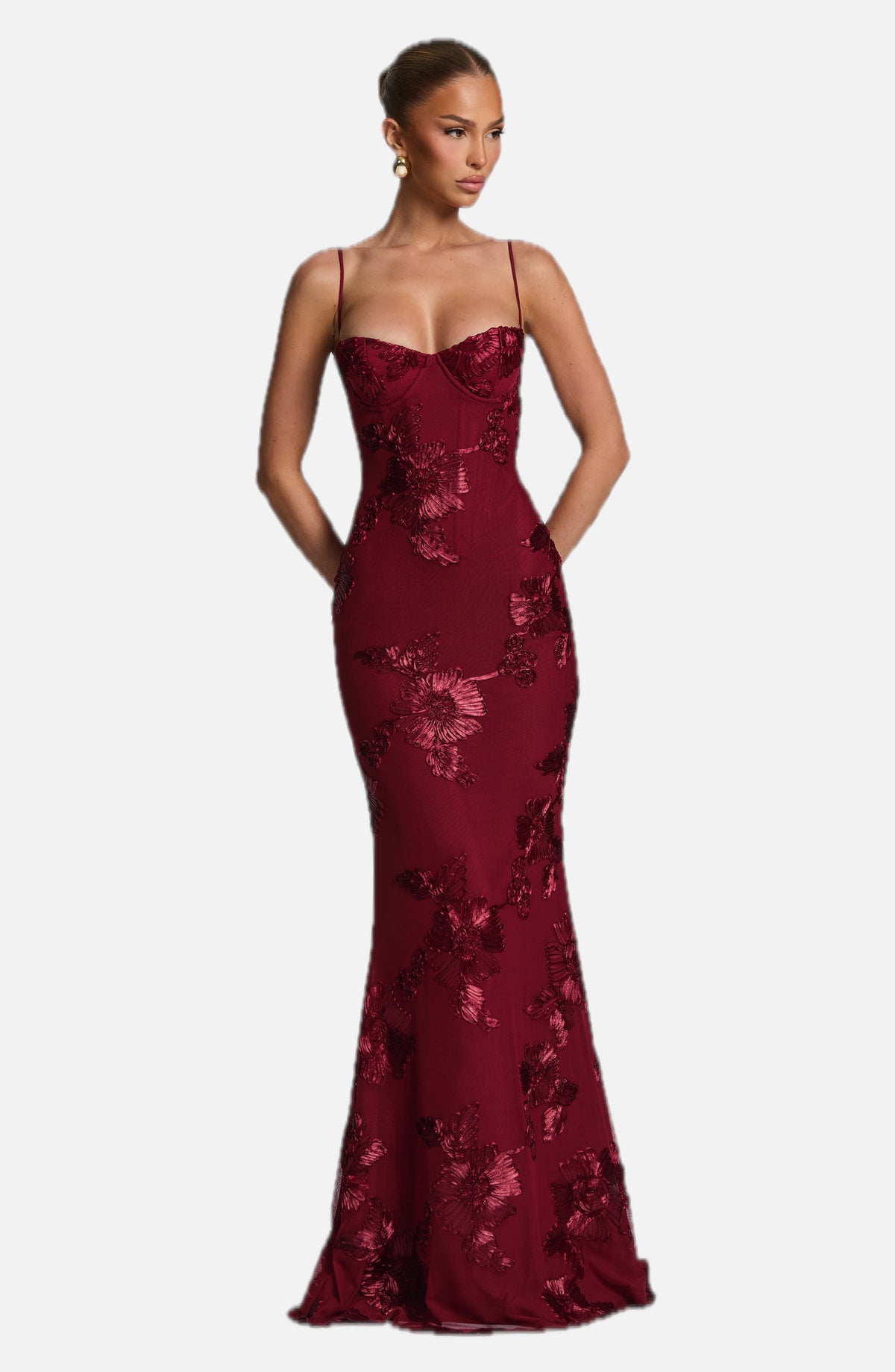 Women's Maxi Evening Gown with Floral Applique and Fitted Silhouette - 1