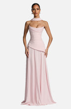 Women's Draped Maxi Dress with Halter Neckline and A-Line Skirt - 1