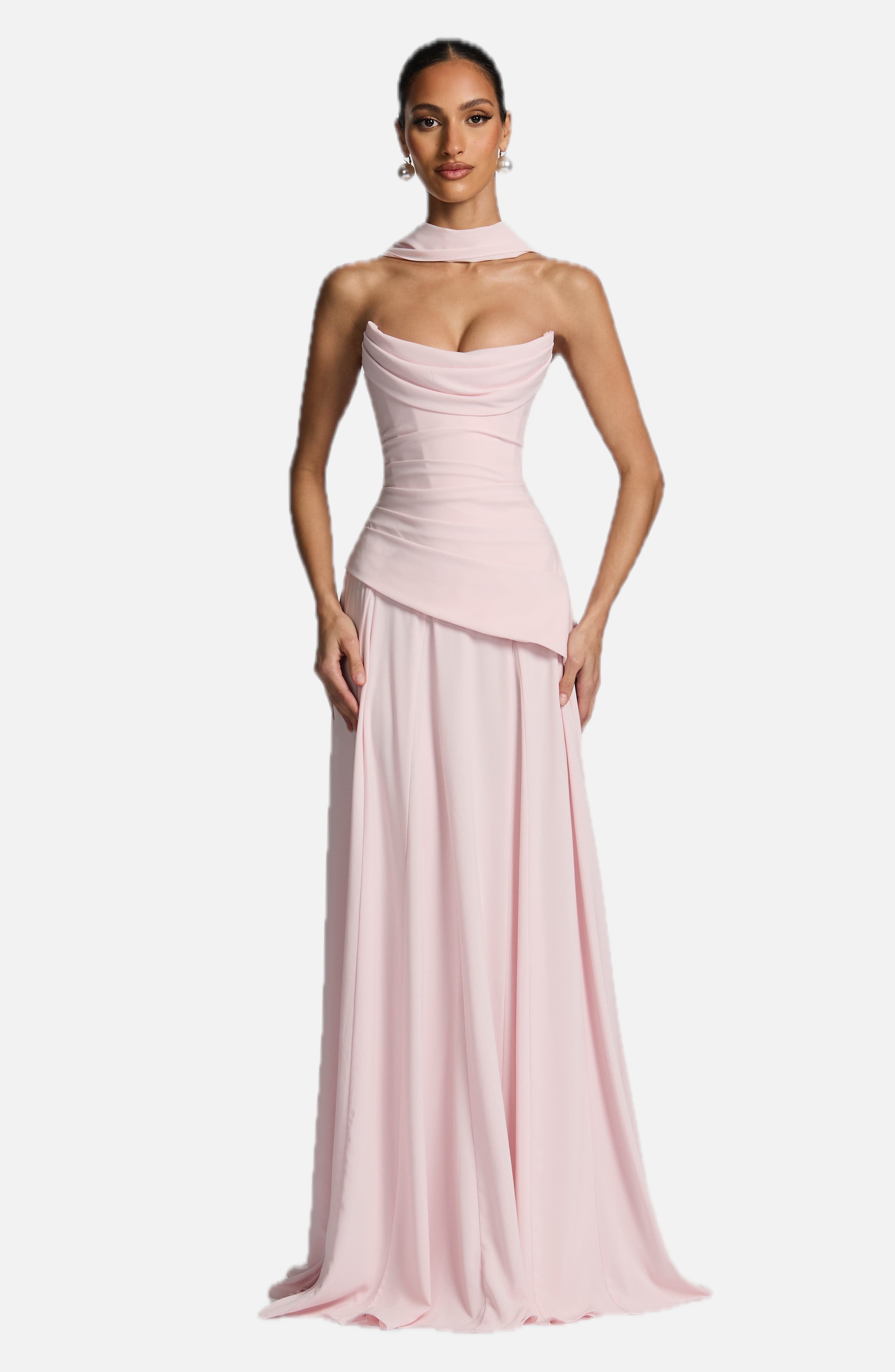 Women's Draped Maxi Dress with Halter Neckline and A-Line Skirt - 1