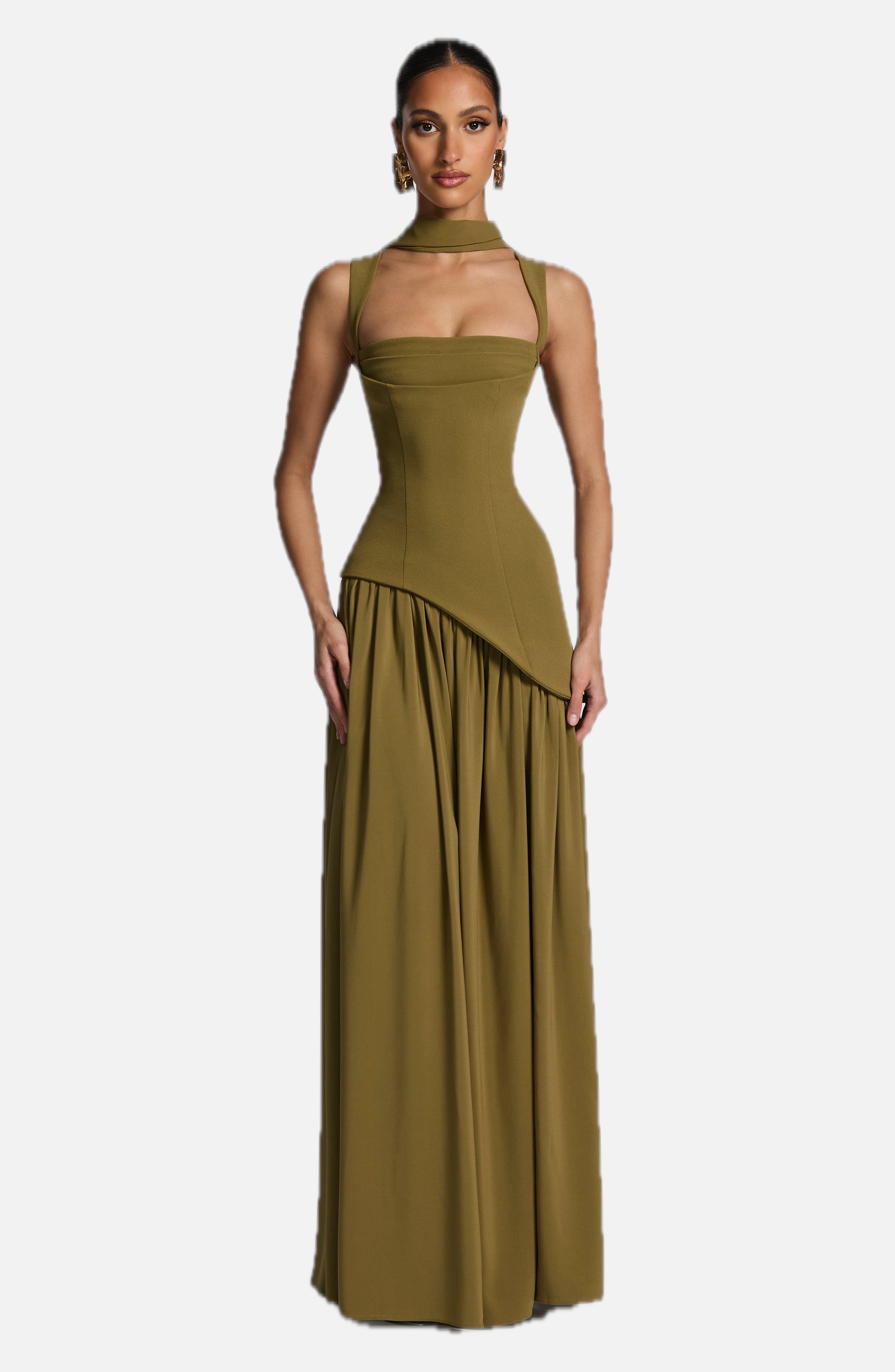Women's Corset Maxi Dress with Chiffon Scarf and A-Line Skirt
