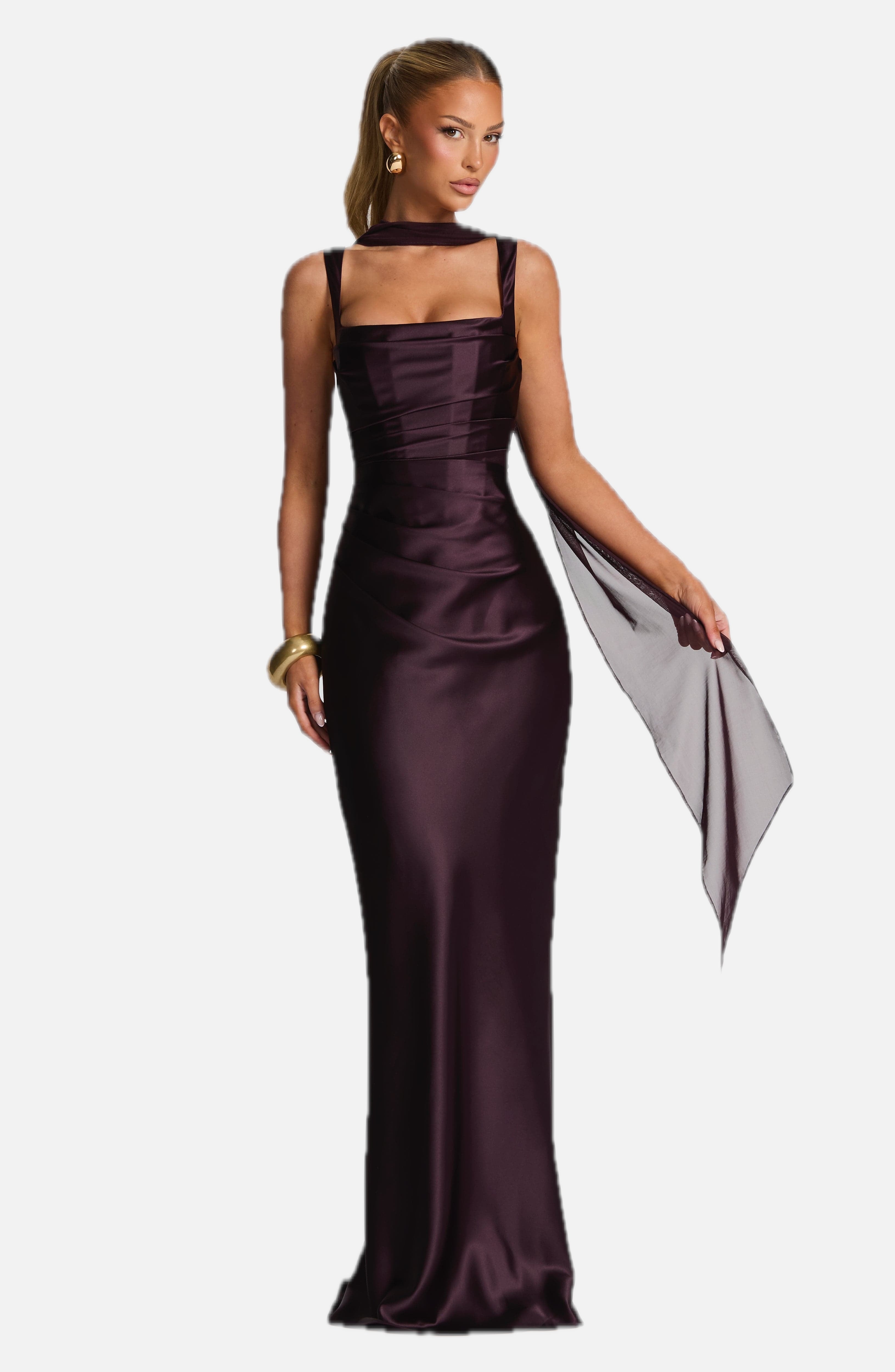 Women's Pleated Satin Maxi Dress with Square Neck and Draped Detail