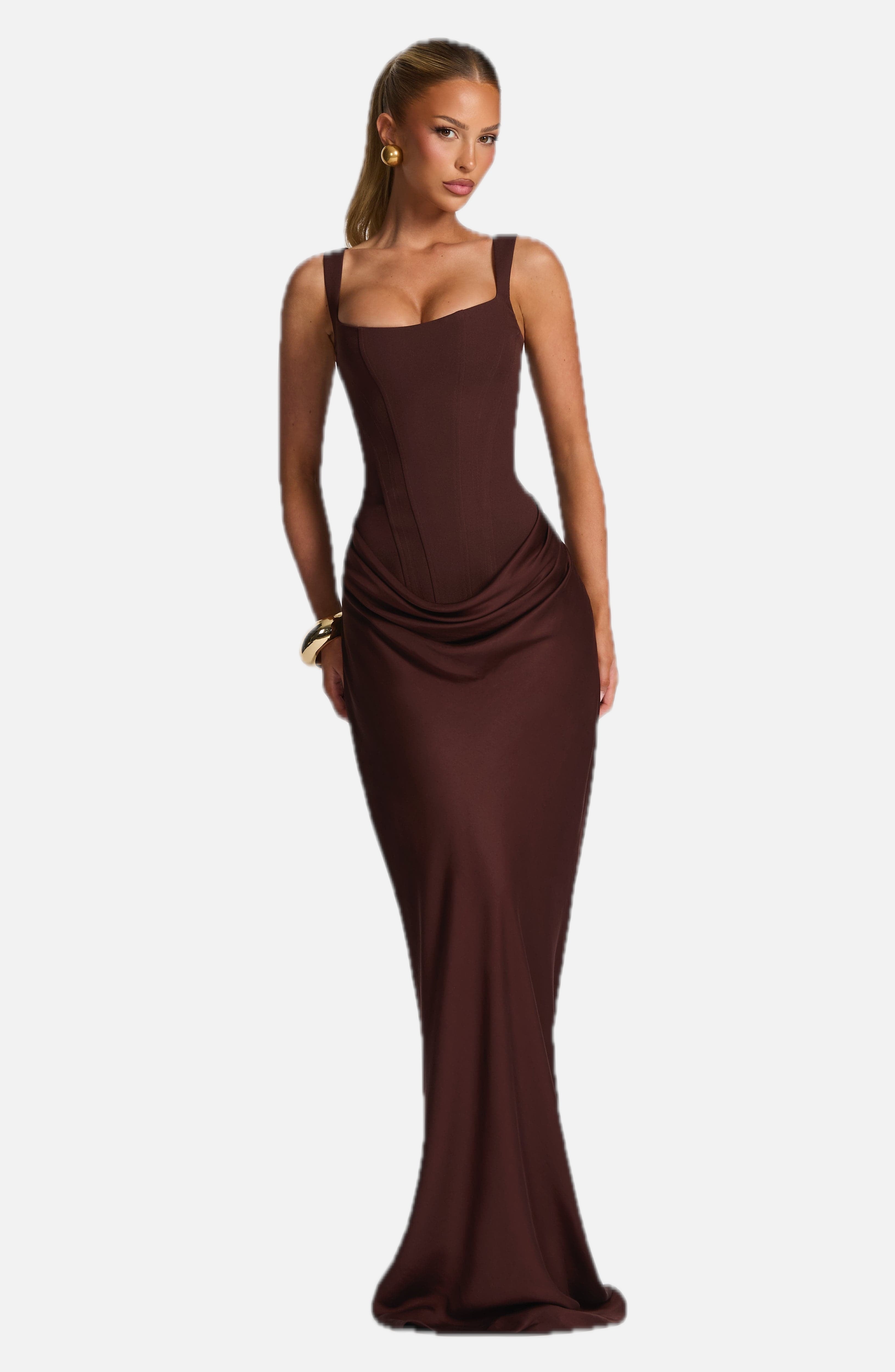 Women's Corset Maxi Dress Sleeveless with Square Neck and Draped Skirt - 1