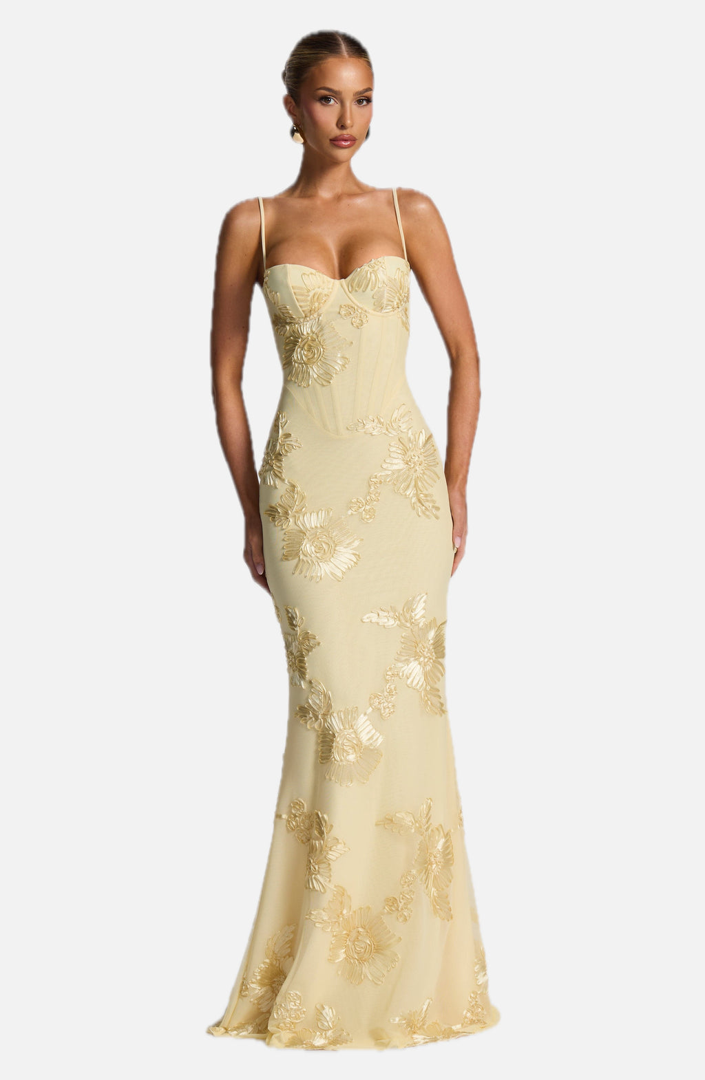 Women's Corset Maxi Dress with Floral Appliqué and Sweetheart Neckline