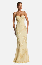 Women's Corset Maxi Dress with Floral Appliqué and Sweetheart Neckline
