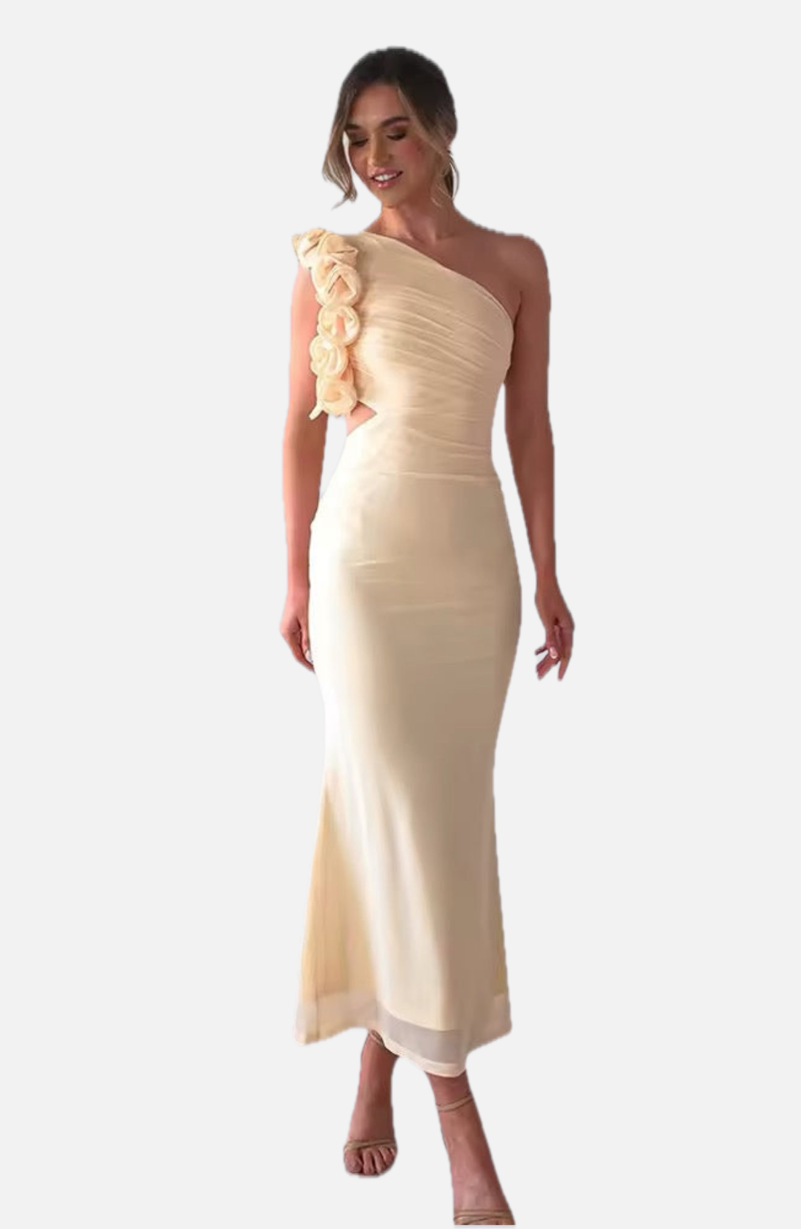 Women's Evening Maxi Dress One Shoulder with Floral Trim and Cutout Waist