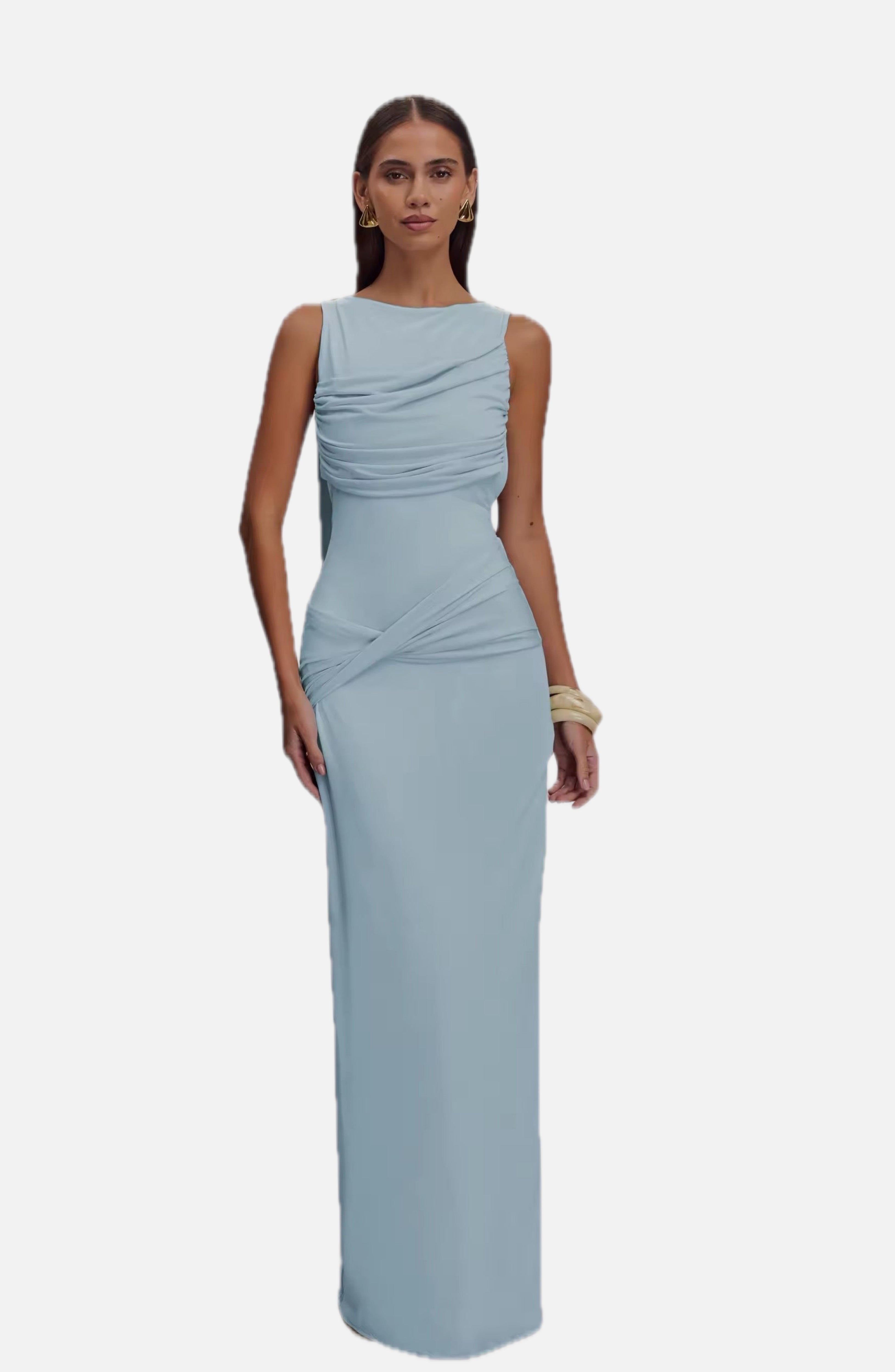 Women's Sleeveless Bodycon Maxi Dress with Ruched Detail and Boat Neck