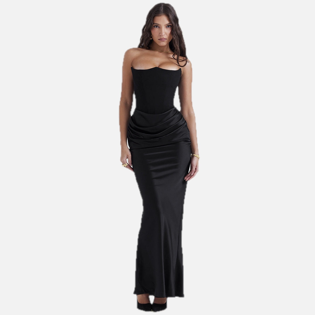 Women's Evening Dress Strapless with Corset Bodice and Draped Skirt