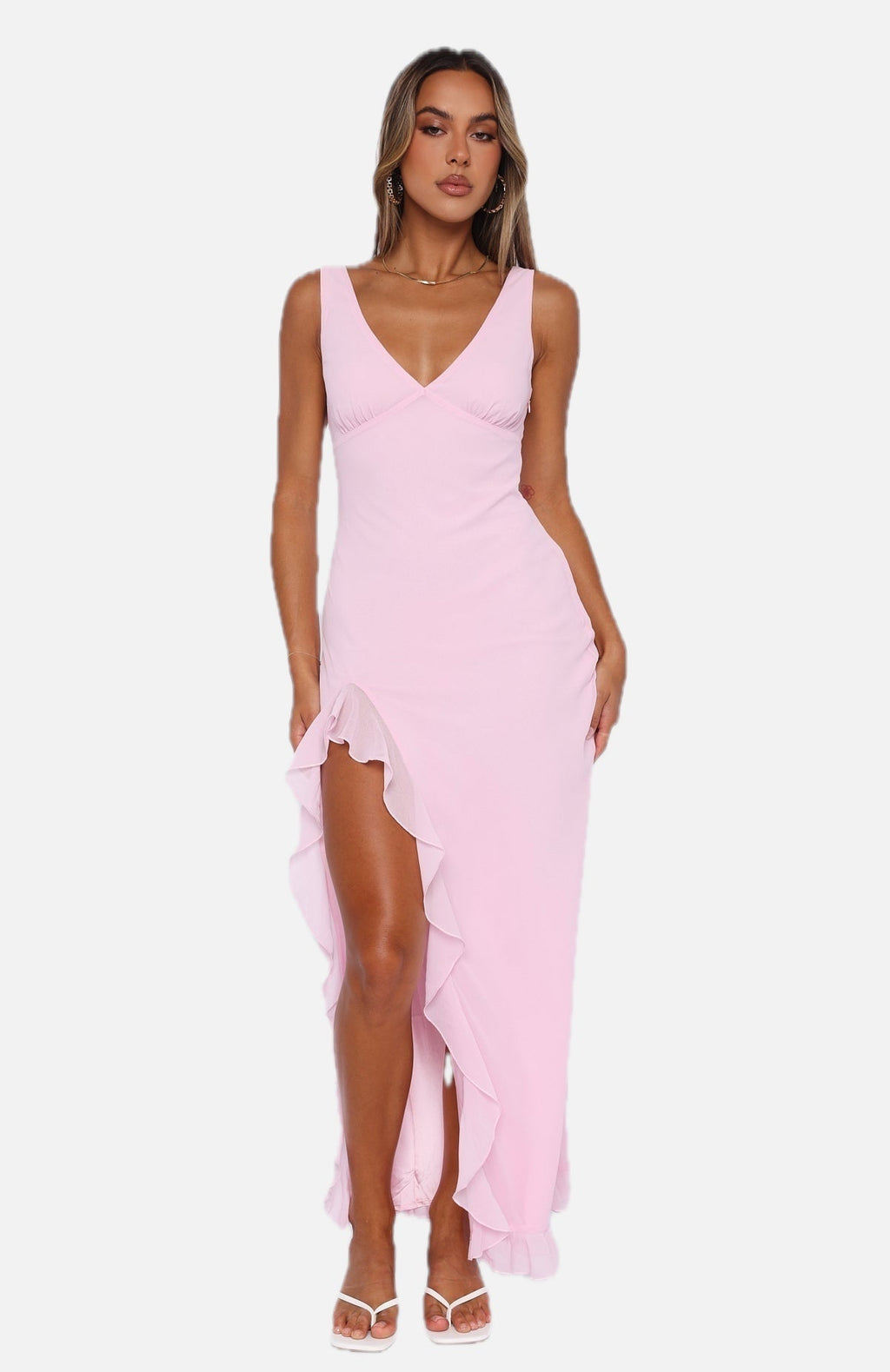 Women's Maxi Dress Sleeveless with V-Neck and Ruffled Front Slit