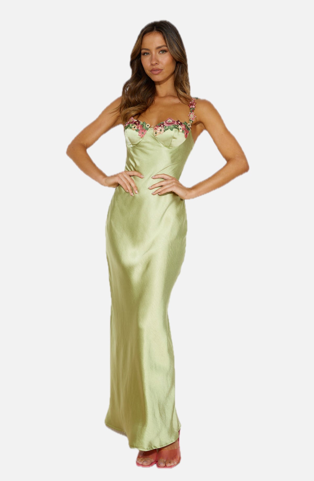 Women's Satin Maxi Dress Sleeveless with Floral Trim and V-Neck