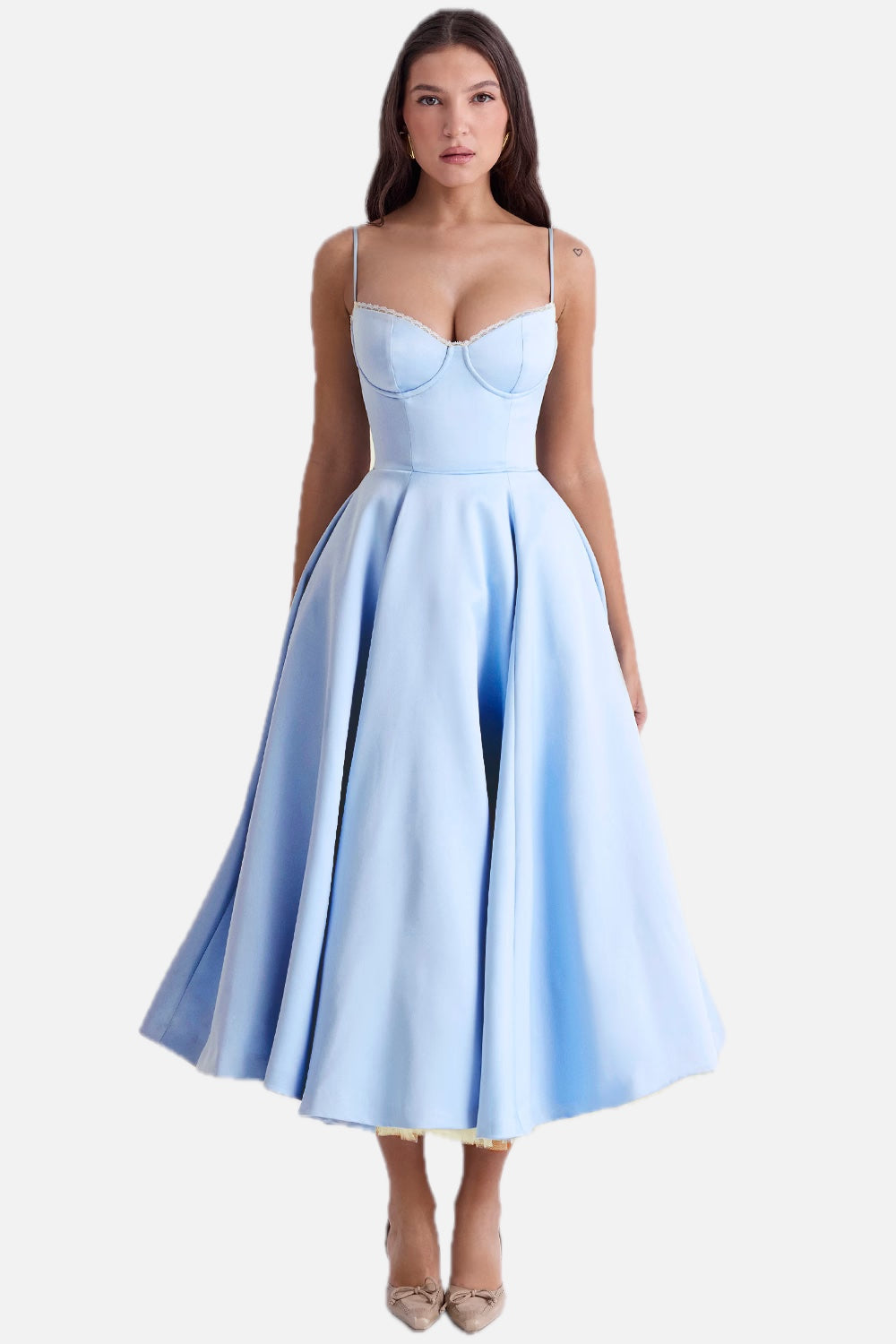 Women's Corset Midi Dress with A-Line Skirt and Sweetheart Neckline