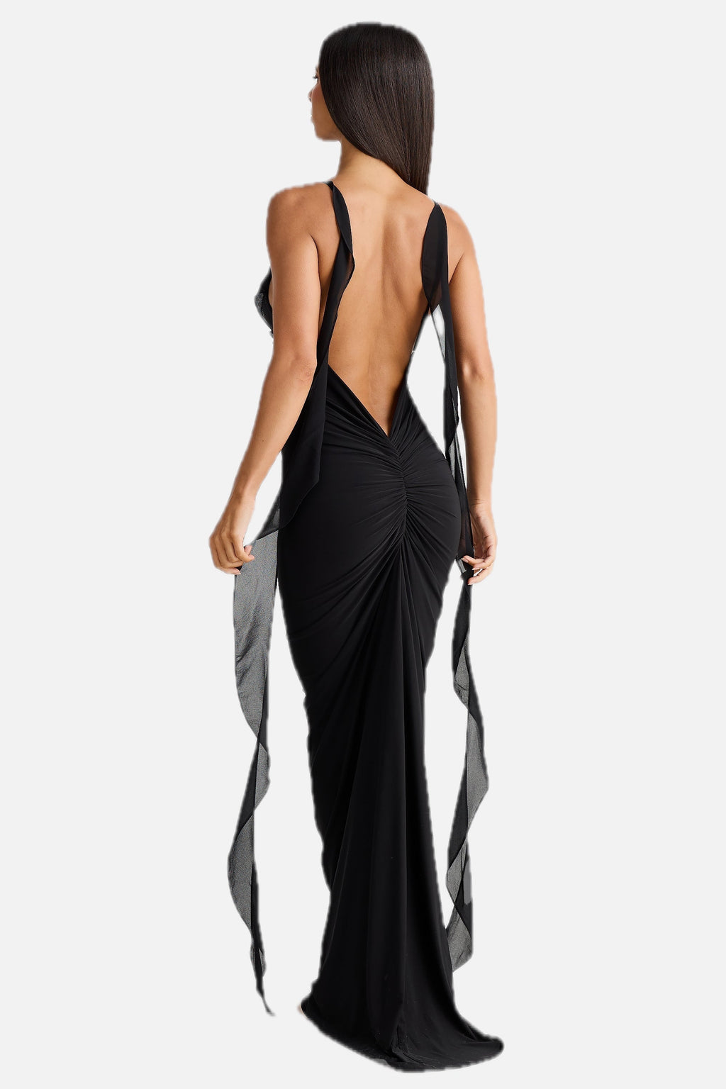 Women's Lace Midi Dress with Open Back and Draped Ruching