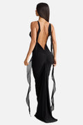 Women's Lace Midi Dress with Open Back and Draped Ruching