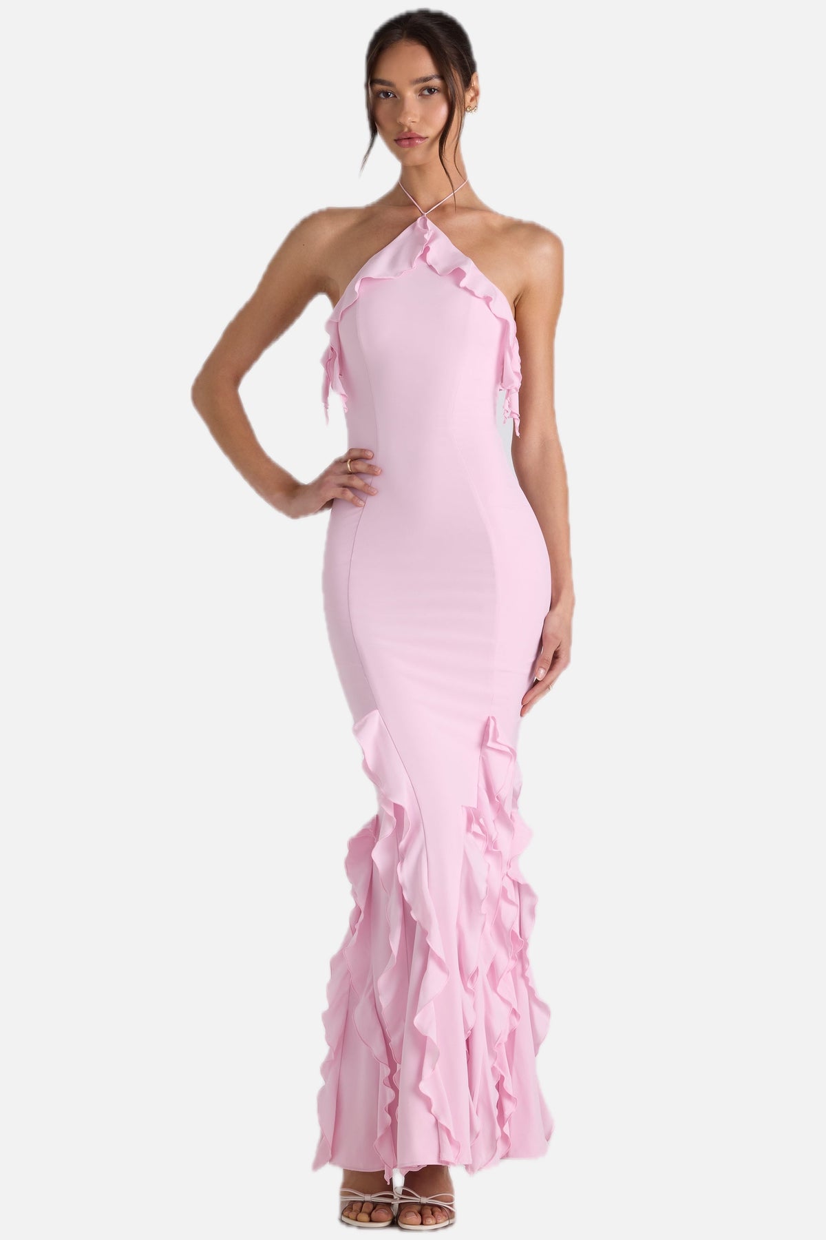 Women's Halterneck Maxi Dress with Ruffle Detail and Fitted Silhouette