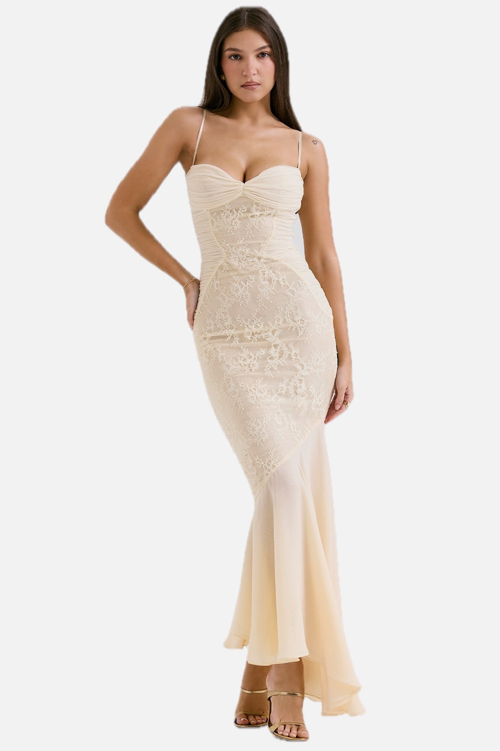 Women's Evening Maxi Dress Sweetheart Neckline with Lace Overlay and Mermaid Hem
