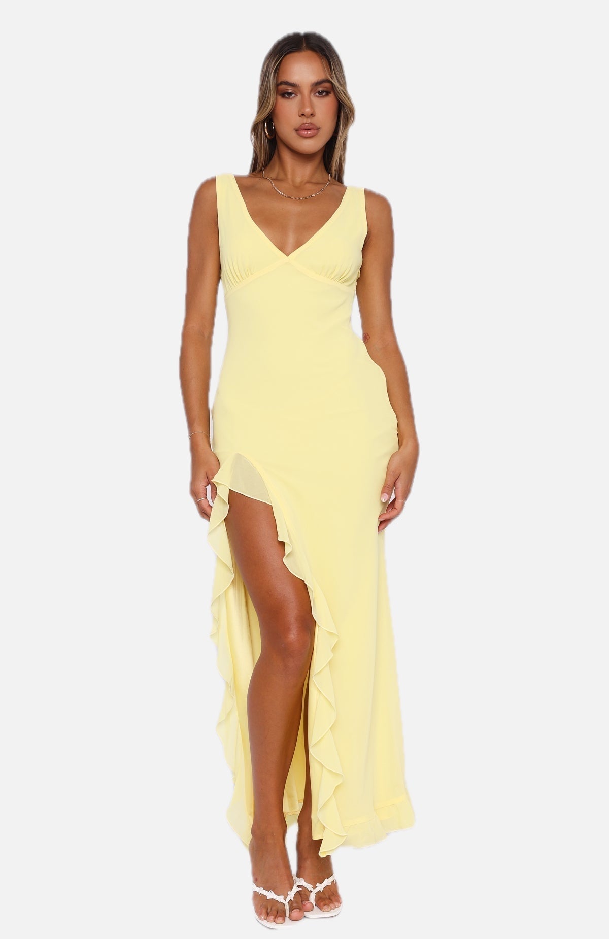 Women's Maxi Dress Sleeveless with V-Neck and Ruffle Slit