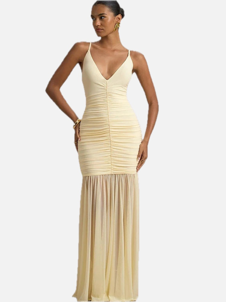 Women's Maxi Dress Sleeveless with V-Neck and Ruched Bodice