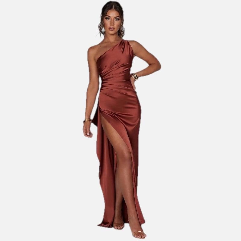 Women's One-Shoulder Maxi Dress with Pleated Draping and Thigh Split