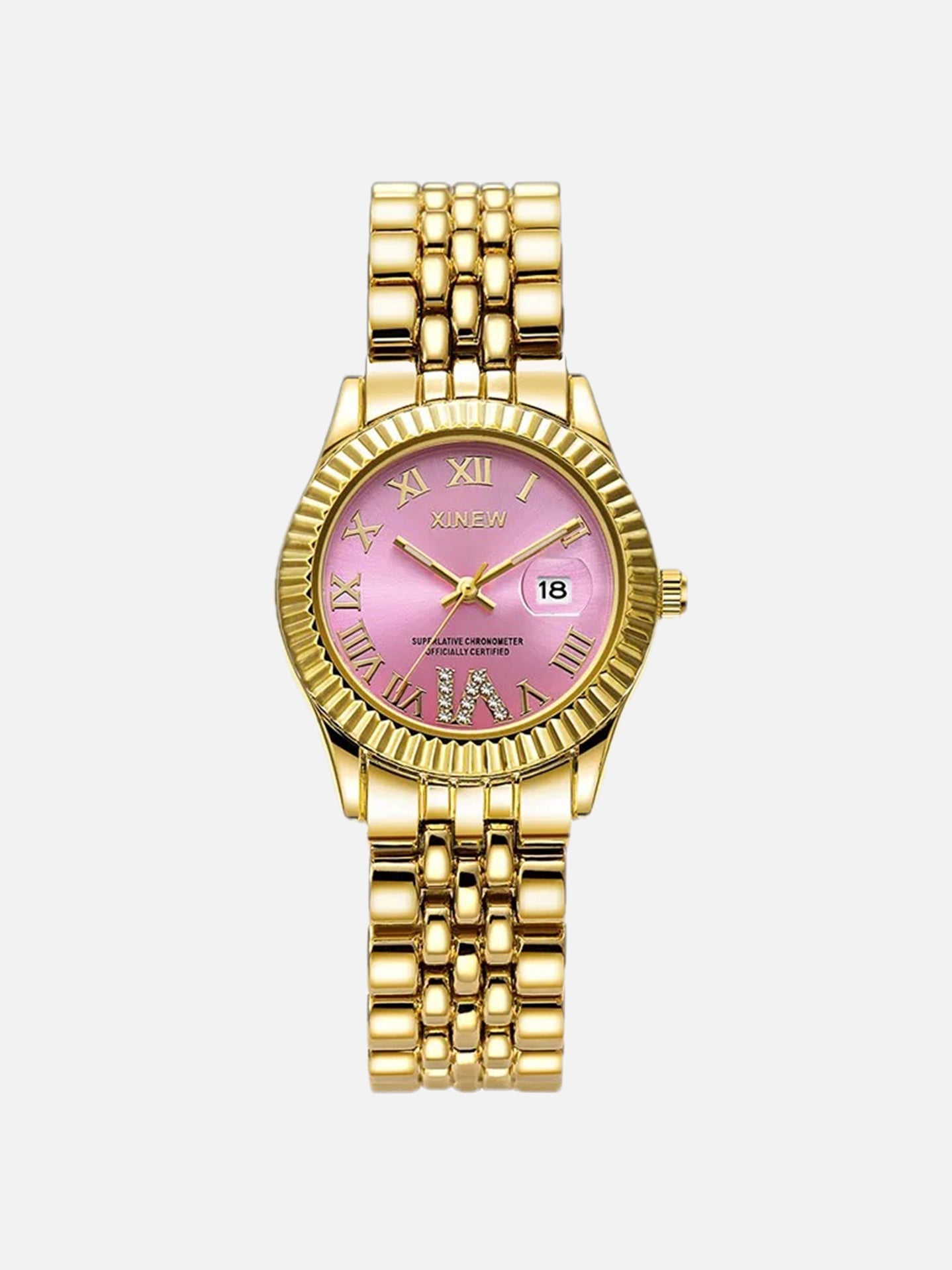 Women's Crystal Watch with Fluted Bezel and Roman Numerals