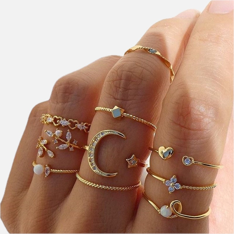 Women's Stacking Ring Set with Boho Charm Details - 1